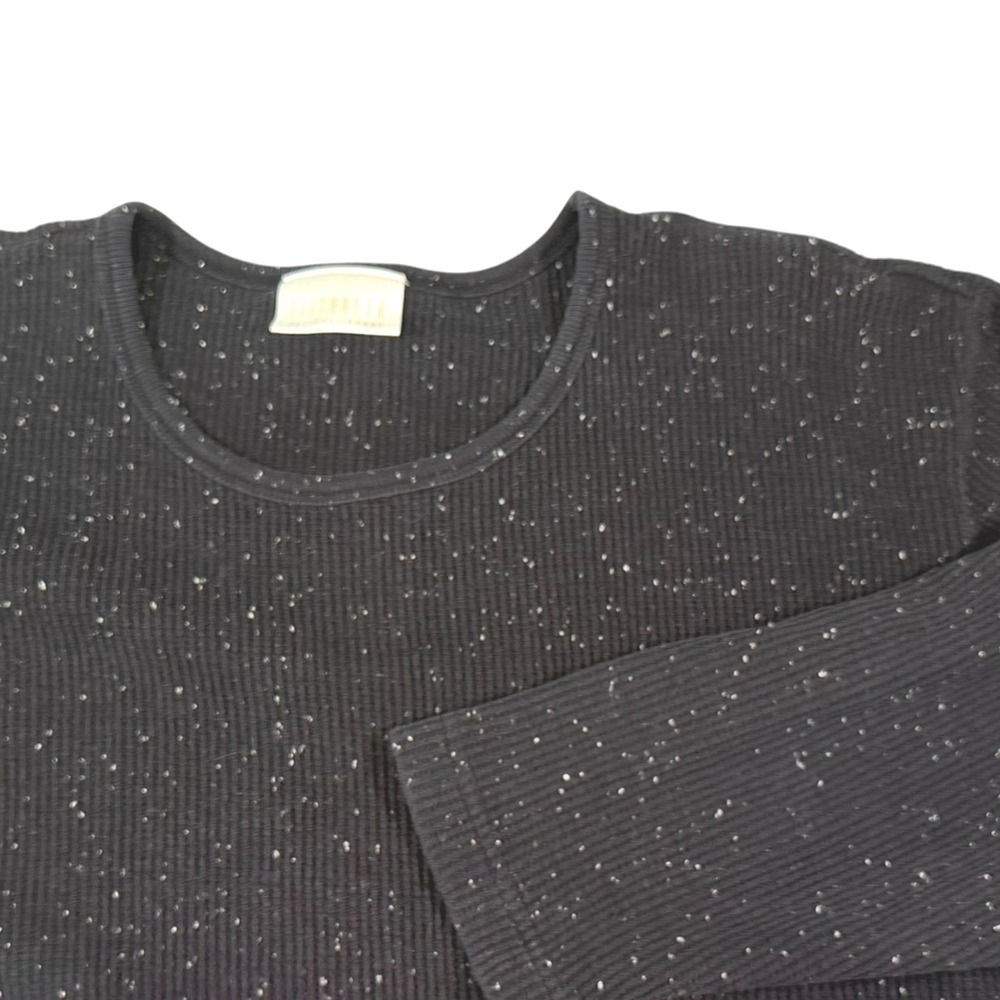 Elisabeth 2X Black Ribbed Long Sleeve Speckled Crew Neck Top Minimalist Casual